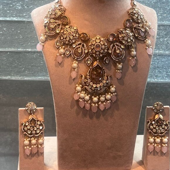 Kundan Polki Choker Necklace Set: Indian Bridal Jewelry with Pearl Drops - Picture 2 of 16